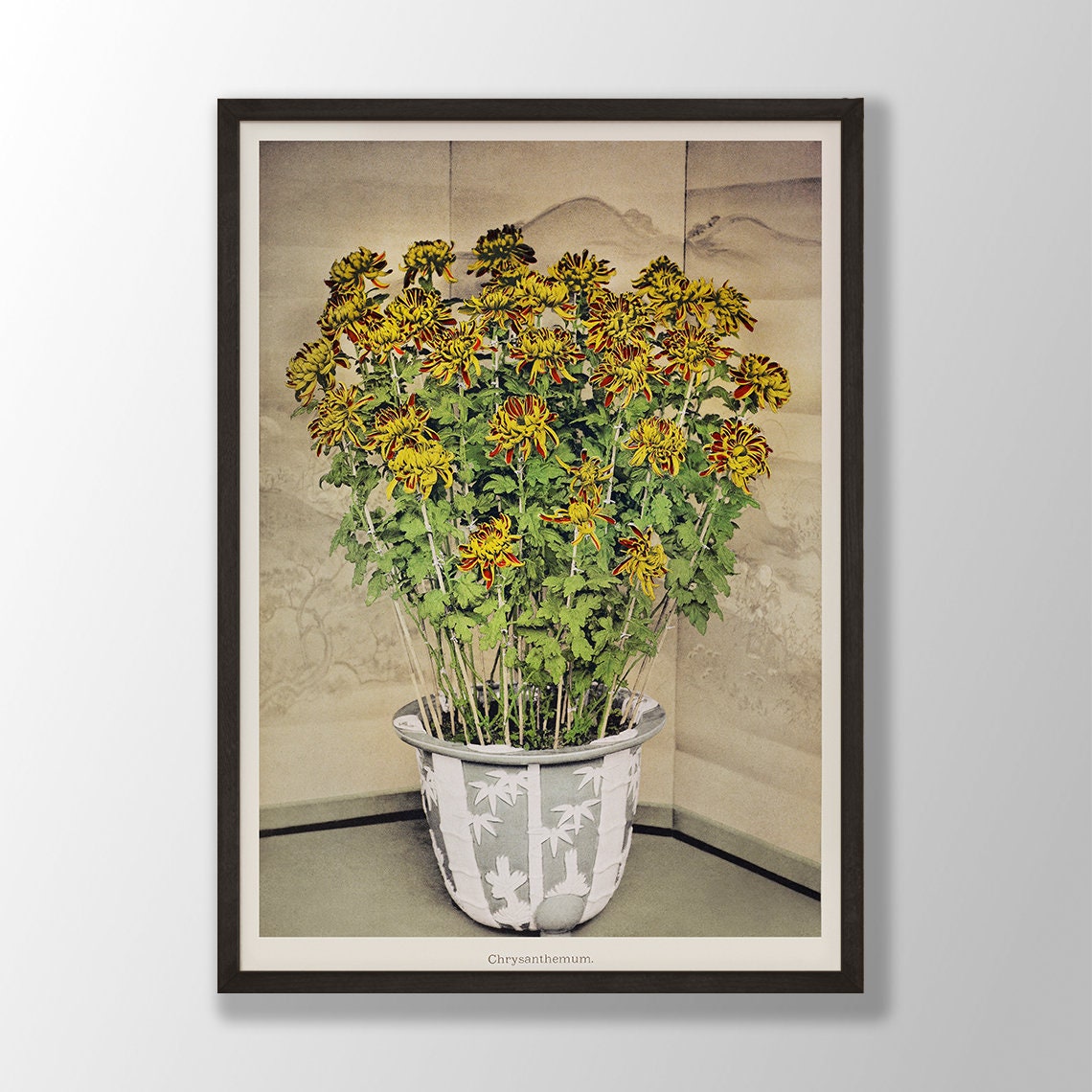 Chrysanthemum Potted Yellow Red Vintage Japanese Floral Poster