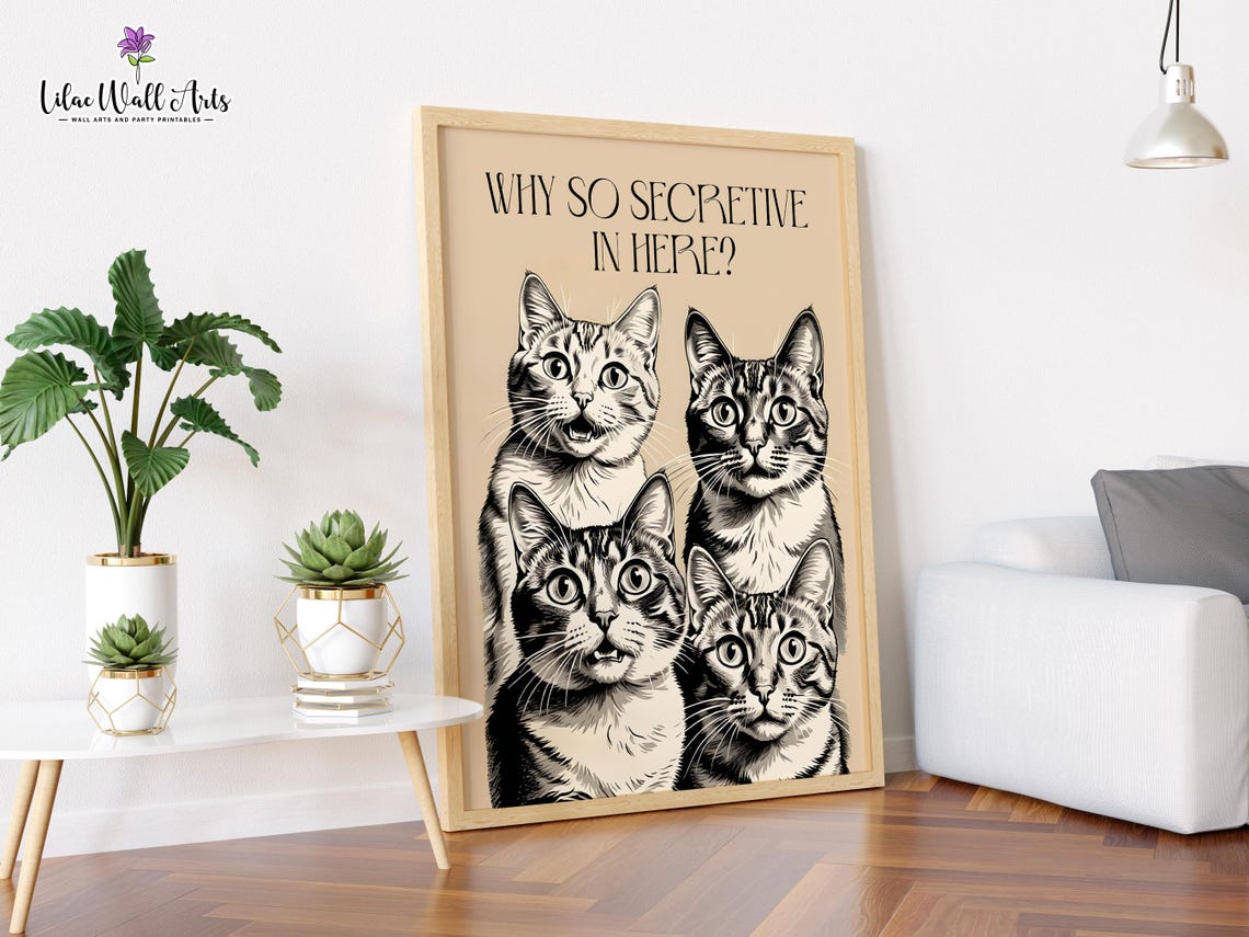 Why So Secretive in Here Funny Tabby Cats Bathroom Art Poster - Image 2