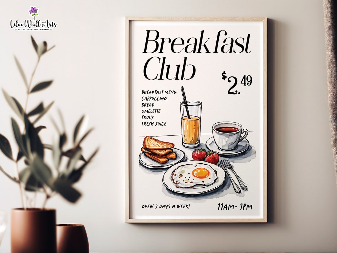 Breakfast Club Retro Cafe Menu Food Illustration Kitchen Poster