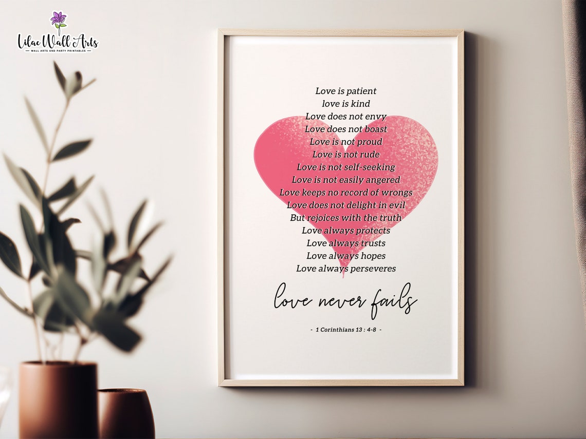 1 Corinthians 1348 Love Never Fails Pink Heart Verse Art Poster - Image 2