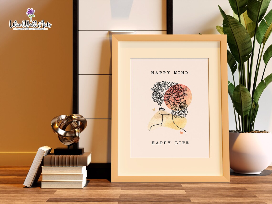 Happy Mind Happy Life Floral Woman Line Art Mental Health Poster - Image 3