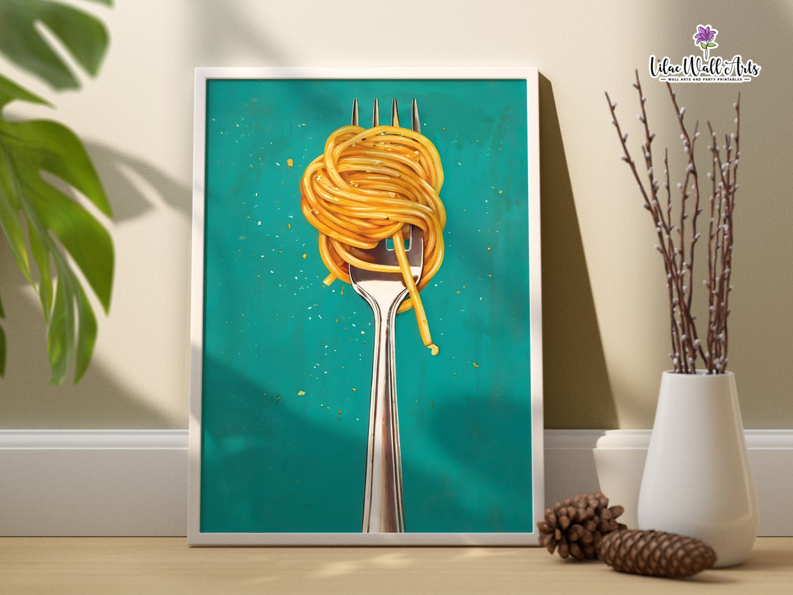 Spaghetti Fork Twirl Pop Art Teal Background Kitchen Food Poster - Image 4