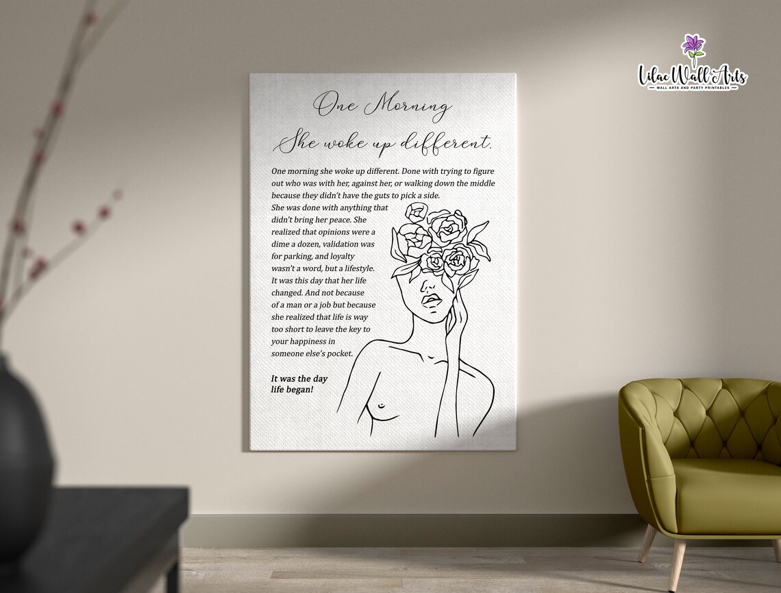 One Morning She Woke Up Different Floral Woman Line Art Quote Poster - Image 2