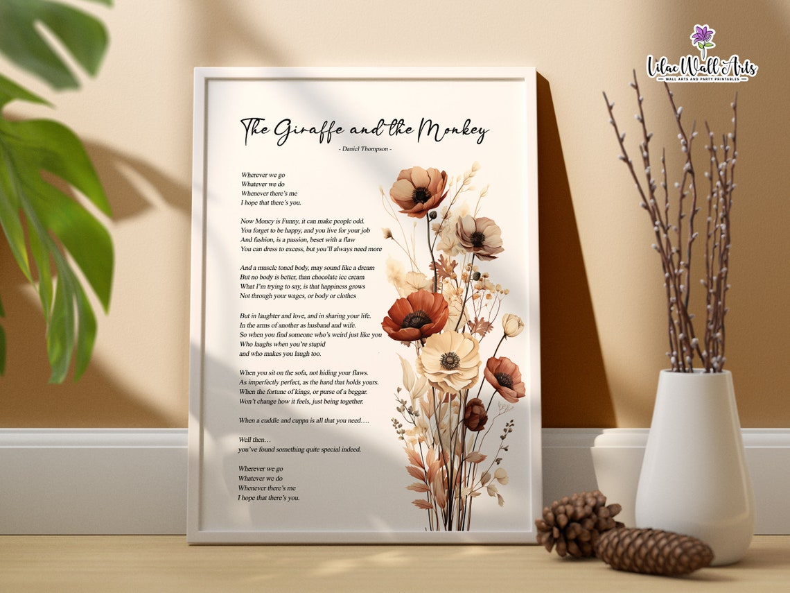 The Monkey And The Giraffe Love Poetry Print Love Poem Print Poem Wall Art Poem Gifts Love Poem For Him Bedroom Wall Dcor Lovers Poem