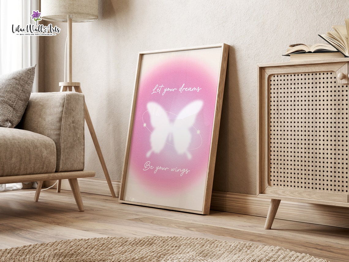 Let Your Dreams Be Your Wings Pink Aura Butterfly Quote Wall Art - Image 6