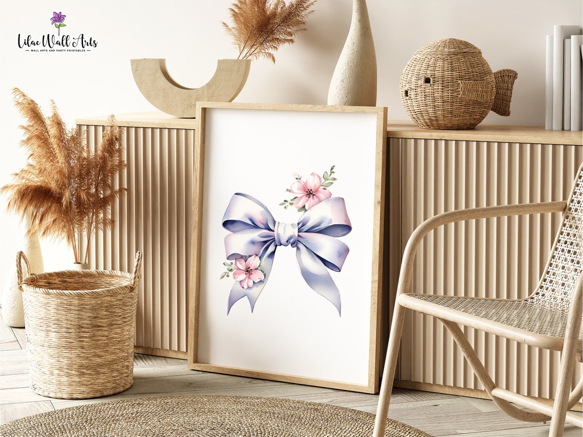 Lilac Bow Watercolor Poster Pink Floral Ribbon Nursery Wall Decor - Image 3