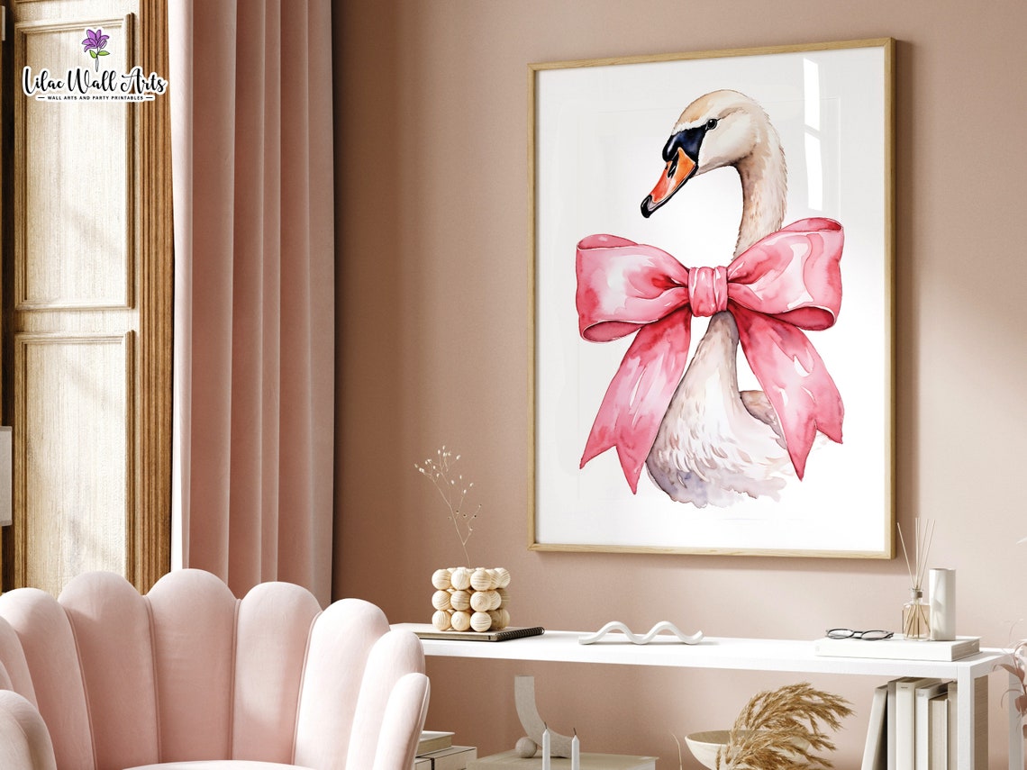 White Swan Pink Bow Watercolor Preppy Nursery Decor Art Poster - Image 5
