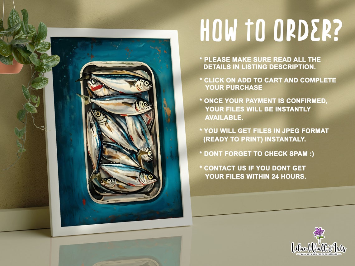 Sardine Tin Painting Poster Teal Kitchen Fish Art Coastal Decor - Image 4