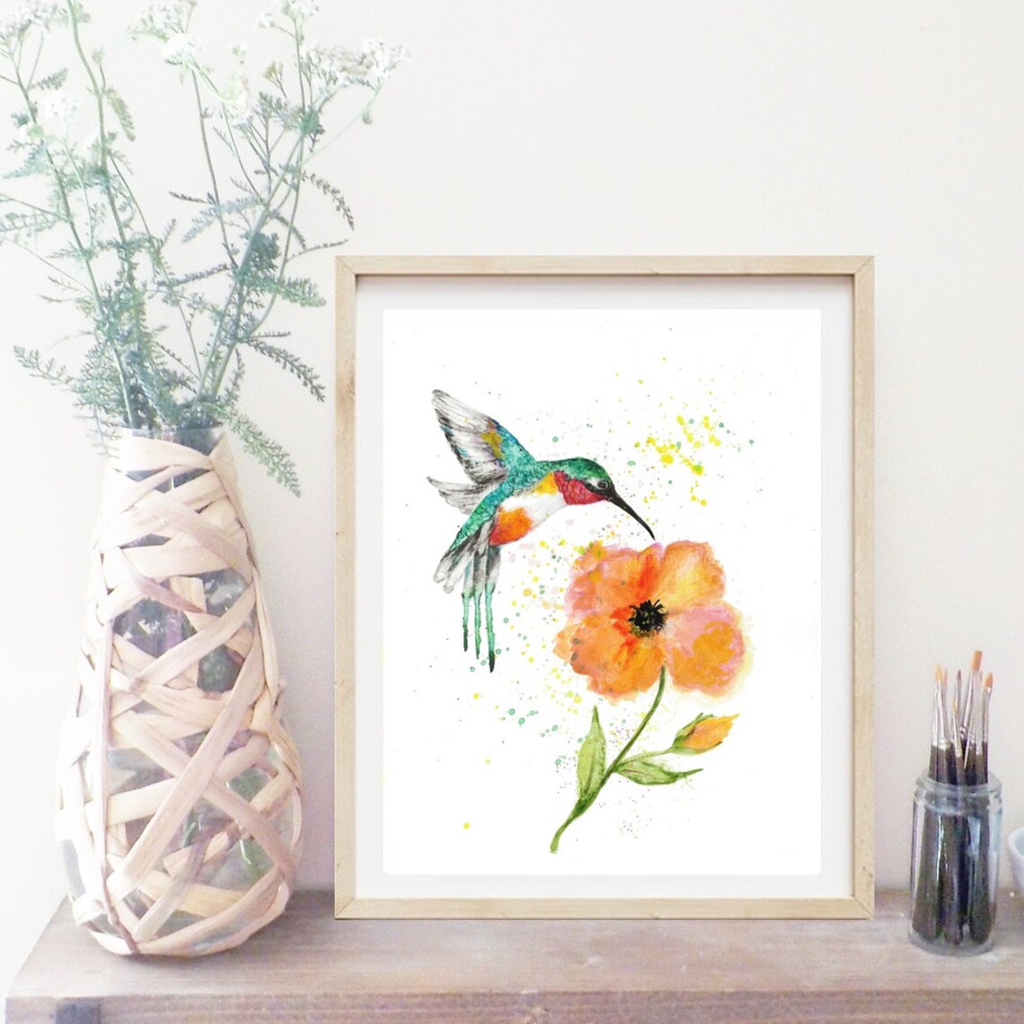 Hummingbird Hovering at Orange Poppy Watercolor Bird Art Poster - Image 5