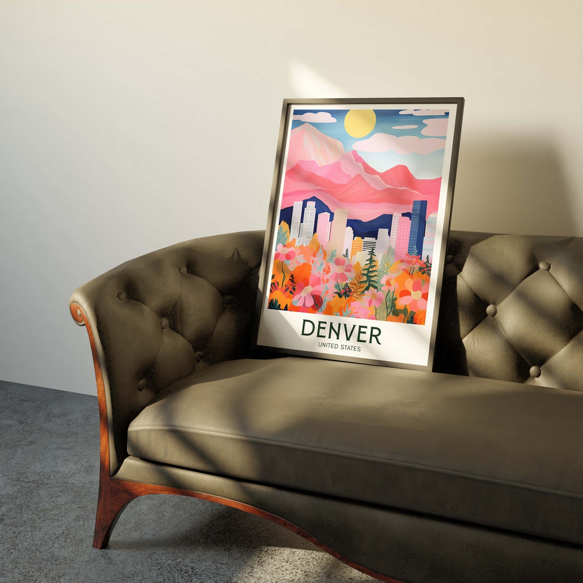 Denver Colorado Skyline Pink Mountains and Wildflowers Travel Poster - Image 2