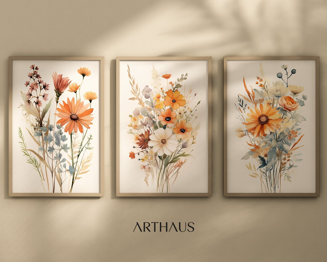 Wildflower Watercolor Set of 3 Neutral Botanical Gallery Wall Art - Image 3