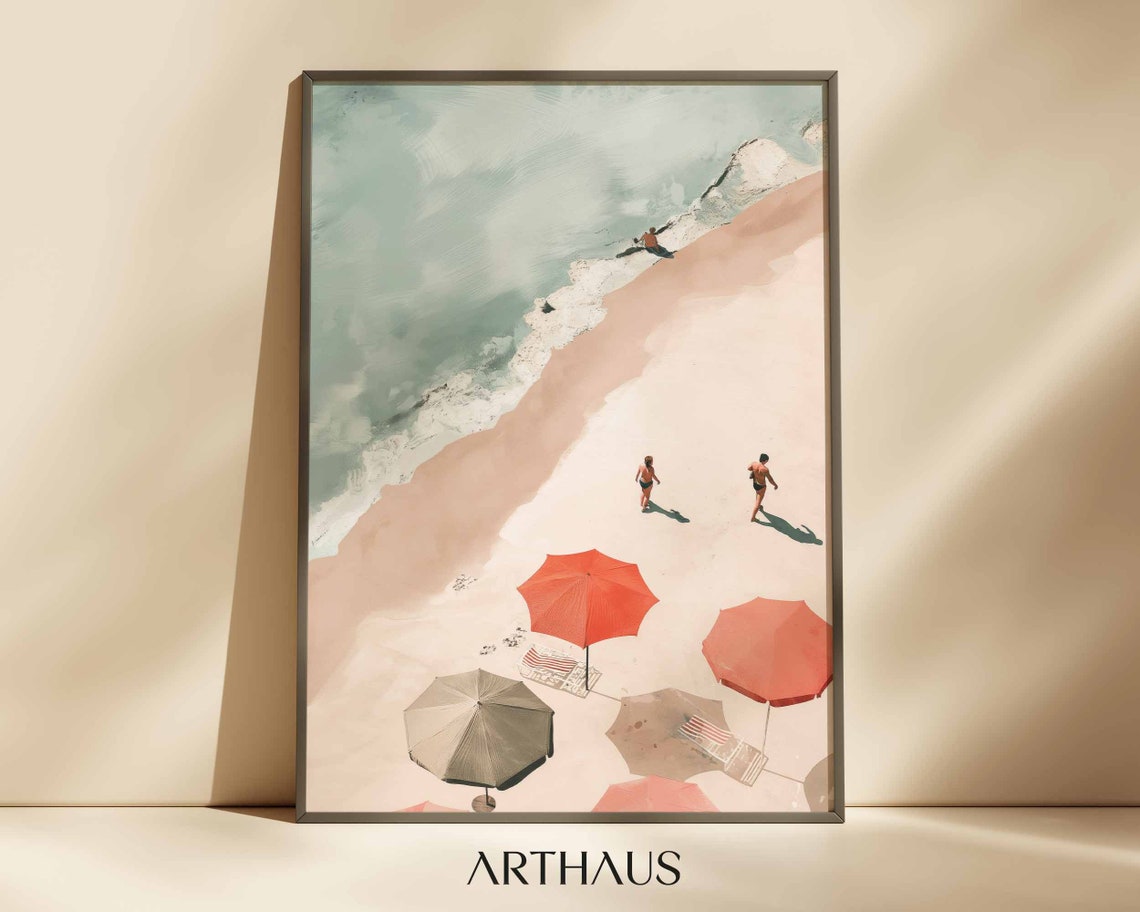 Aerial Summer Beach with Red Umbrellas Soft Pastel Coastal Print