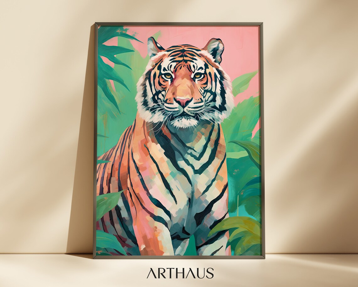 Tiger In Jungle Pink Art Print, Tropical Decor