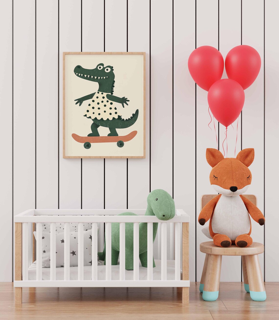 Nursery Crocodile Wall Art of Cute Animal on Skateboard in Dress - Image 3