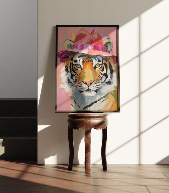 Pink Tiger Painting, Maximalist Animal Art Print