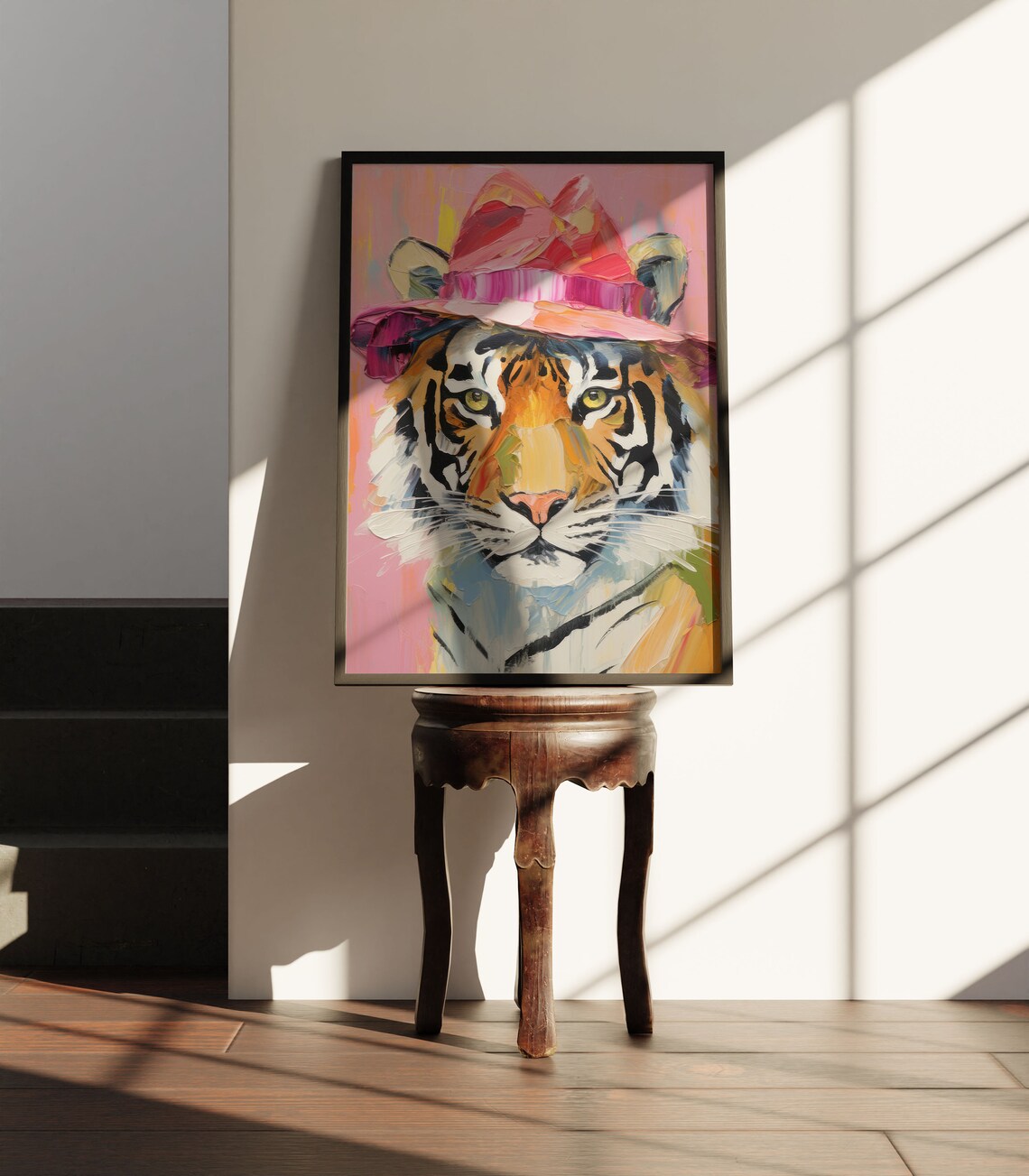 Pink Tiger Painting, Maximalist Animal Art Print