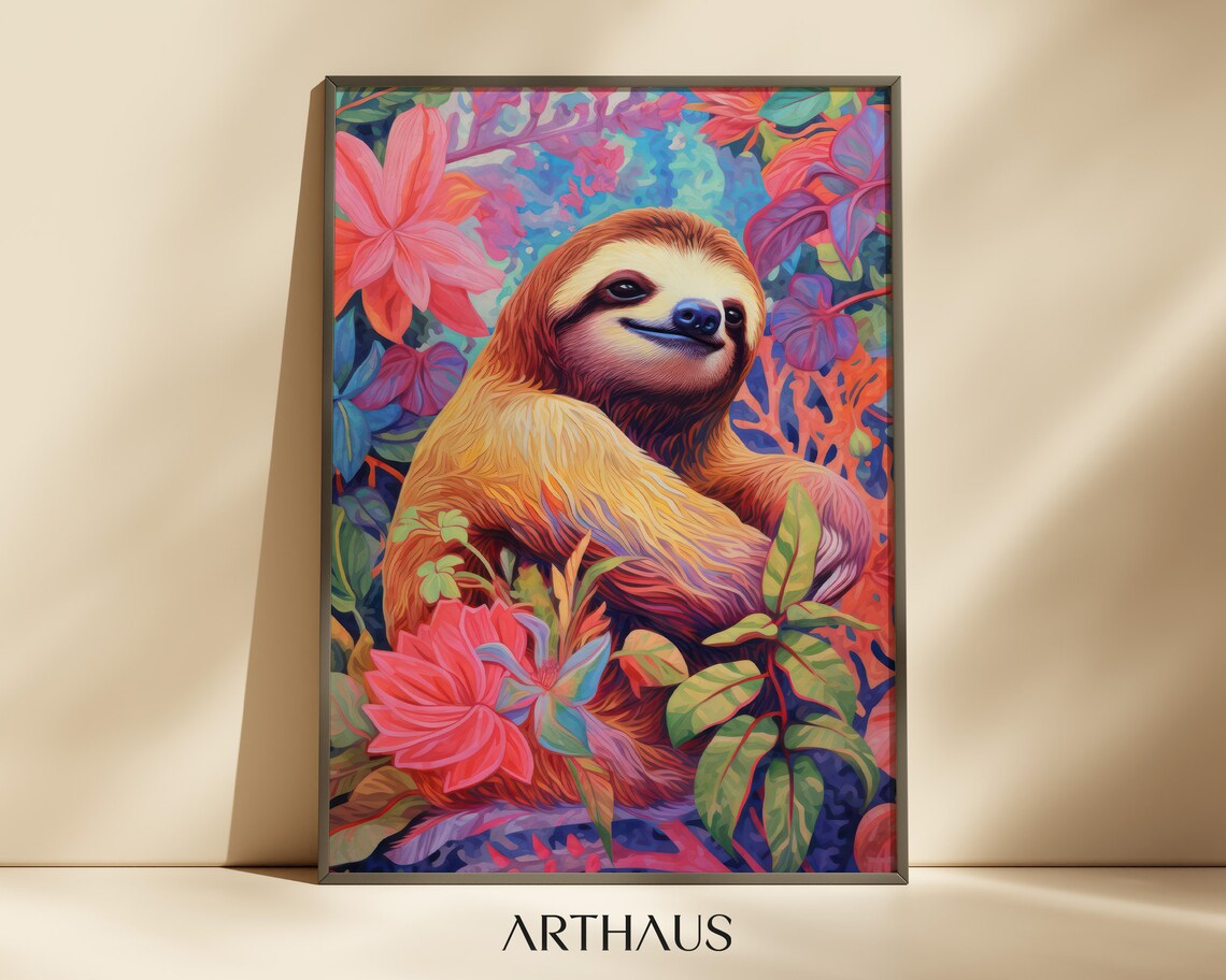 Sloth Wall Art, Maximalist Eclectic Art Print