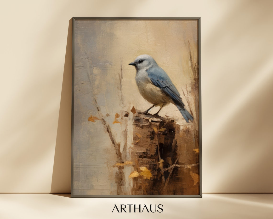 Chickadee Bird Perched On Stump Vintage Muted Nature Art Poster