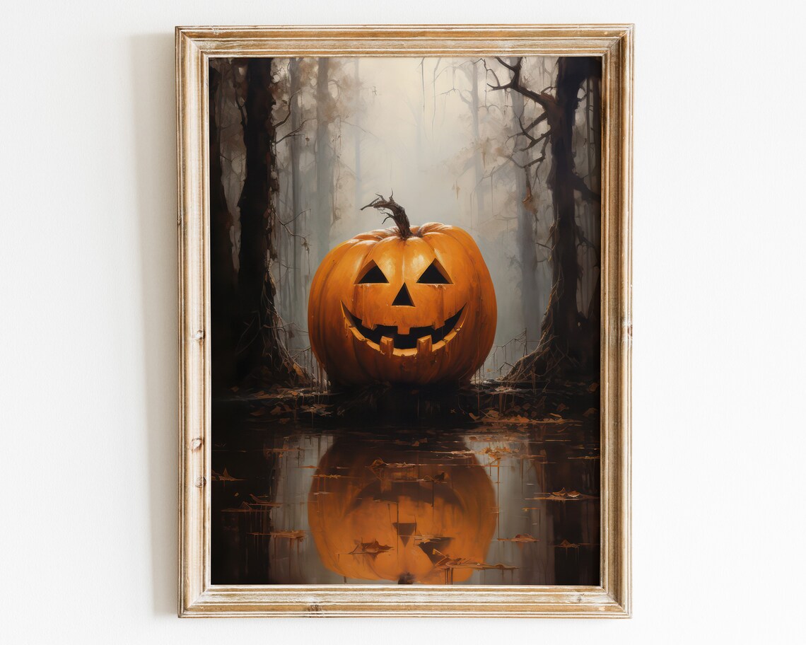 Halloween Wall Art Carved Pumpkin Vintage Still Life Painting