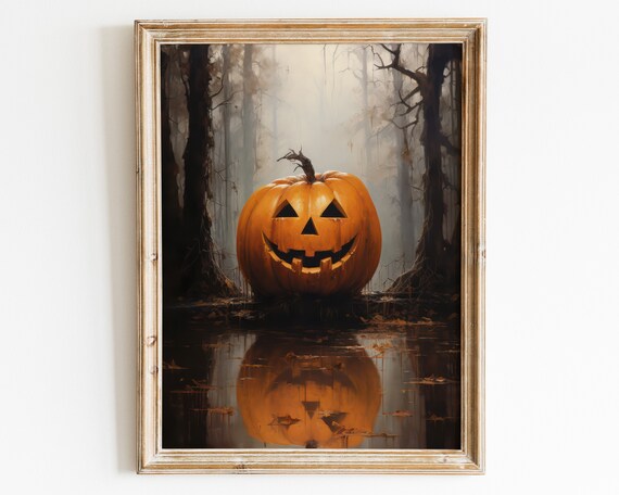 Halloween Wall Art Carved Pumpkin Vintage Still Life Painting