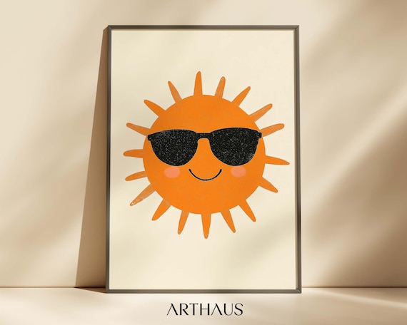 Nursery Smiling Sun Wall Art of Cute Sunshine with Sunglasses