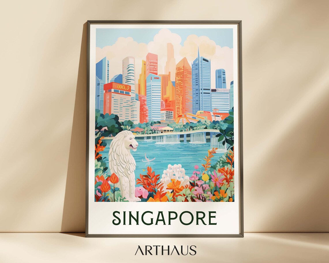 Singapore Merlion Harbor Skyline City Waterfront Travel Poster
