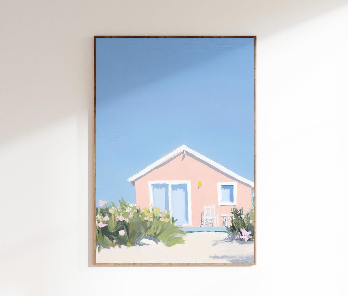 Pink Beach Cottage With Rocking Chair Flowers Sunny Seaside Poster