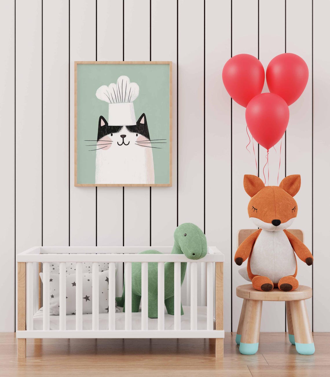 Cute Chef Cat Wearing Tall Hat Mint Nursery Kitchen Wall Art - Image 2