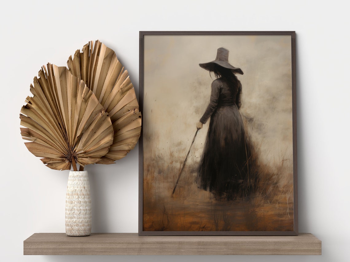 Witchy Woman With Broom Misty Field Vintage Halloween Art Poster - Image 3