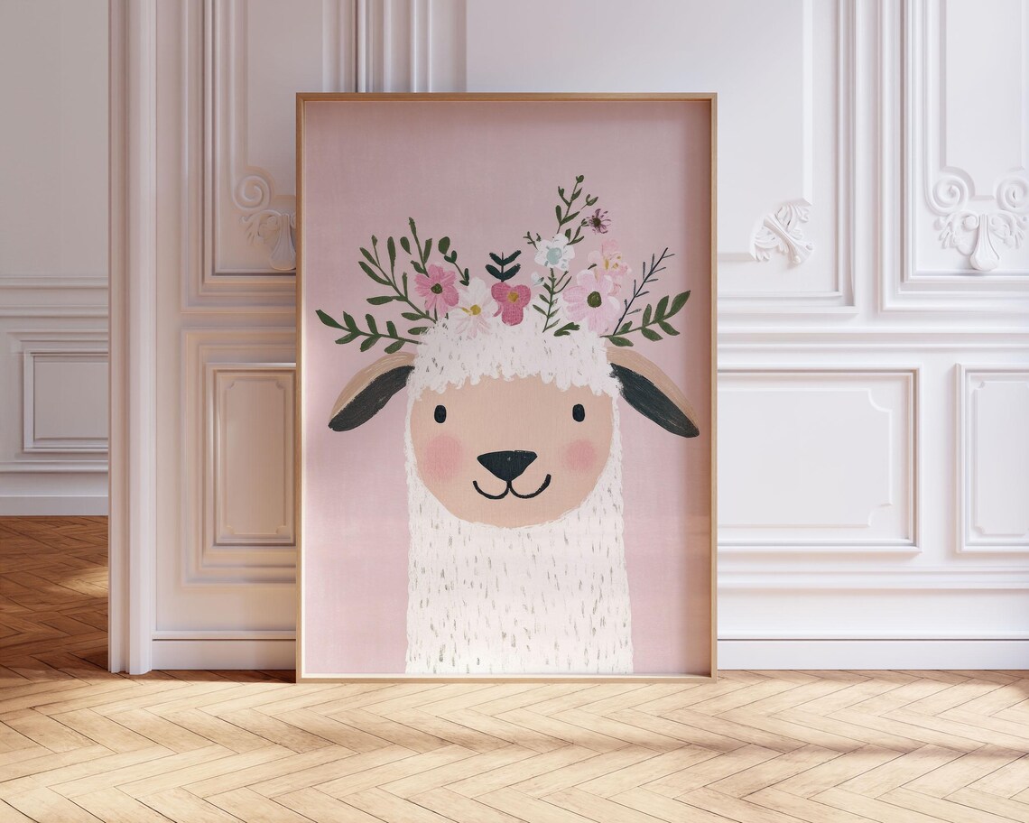 Alpaca Flower Crown Nursery Art Kids Room Cute Farm Animal Wall Decor Poster