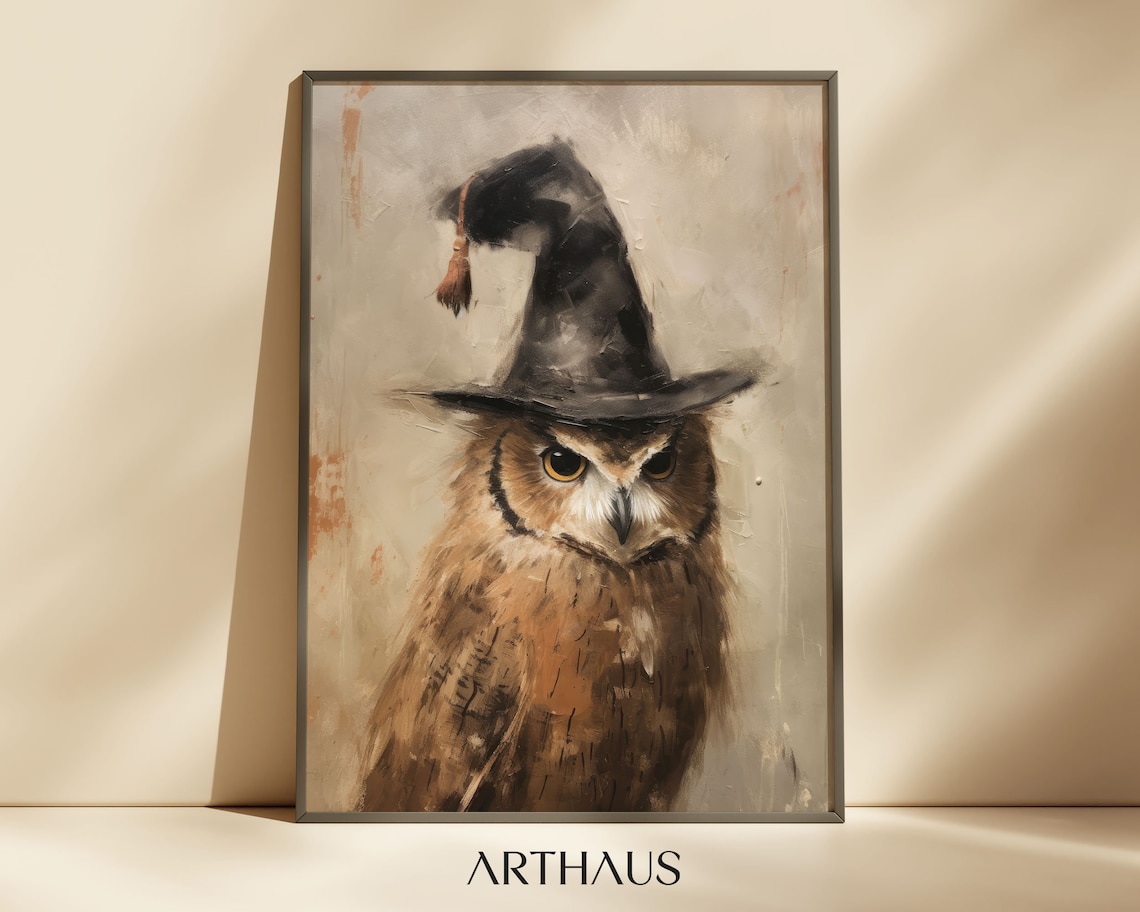 Halloween Owl Print Cute Owlet In Witchy Hat Wall Art Vintage Muted Neutral Nursery Halloween