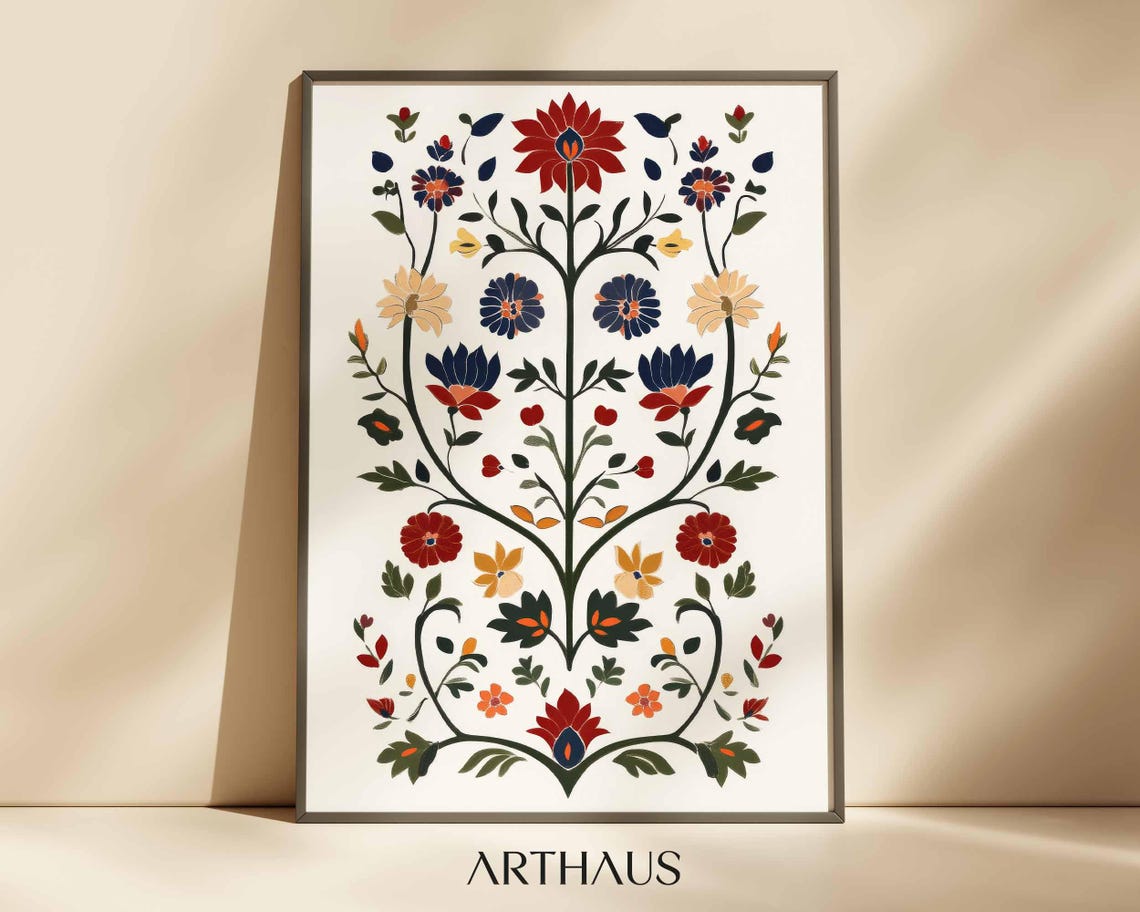 Traditional Indian Folk Wall Art Floral Antique Painting Living Room Decor Antique Indian Art Botanical Indian Painting Poster