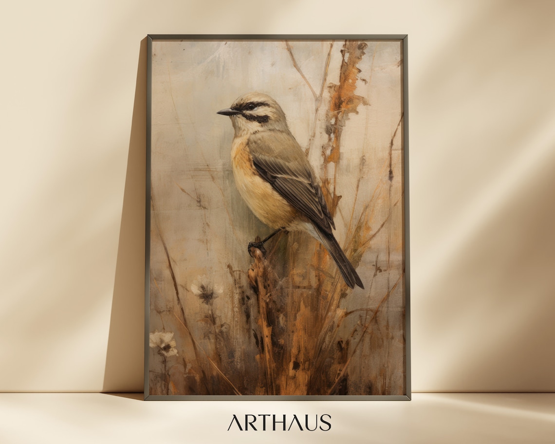Small Vintage Songbird Perched On Dried Grasses Painting Poster