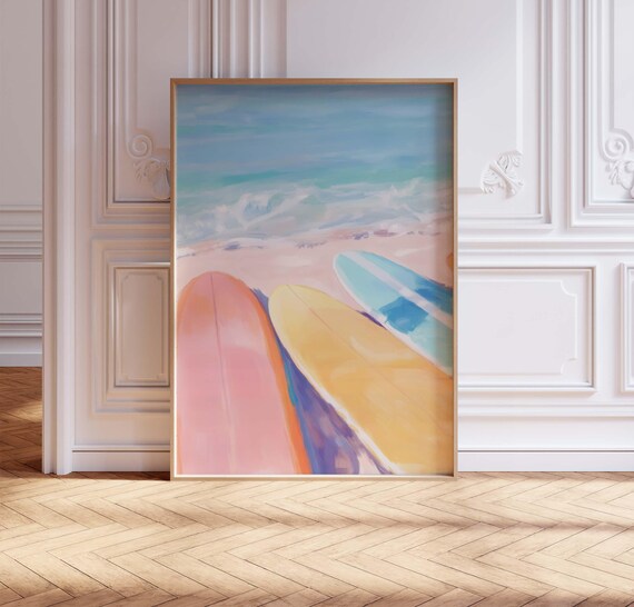 Pastel Surfboards Beach Art Coastal Wall Decor Summer Surf Scene Poster