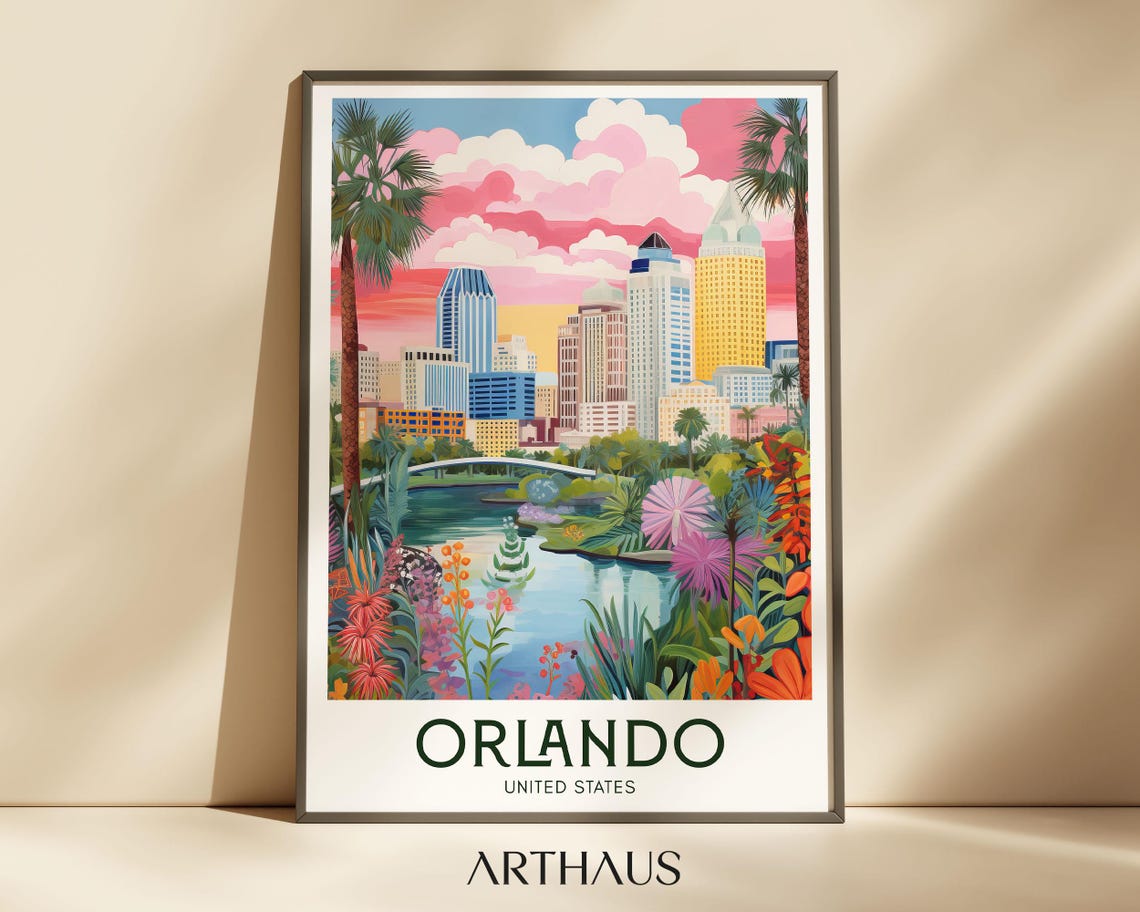 Orlando Florida Skyline Palm Trees Garden Sunset Travel Poster
