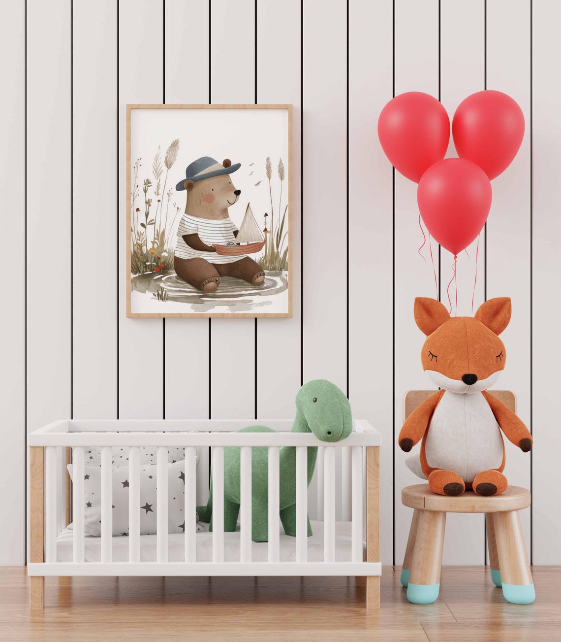 Brown Bear in Hat With Toy Sailboat Pond Playful Nursery Wall Art - Image 3