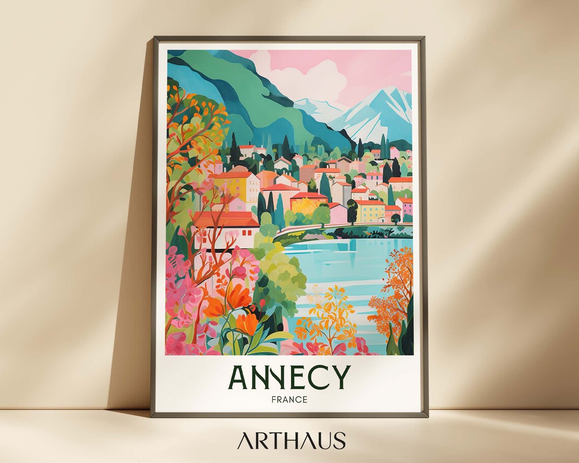 Annecy France Vintage Travel Art Poster Lakeside Mountain View