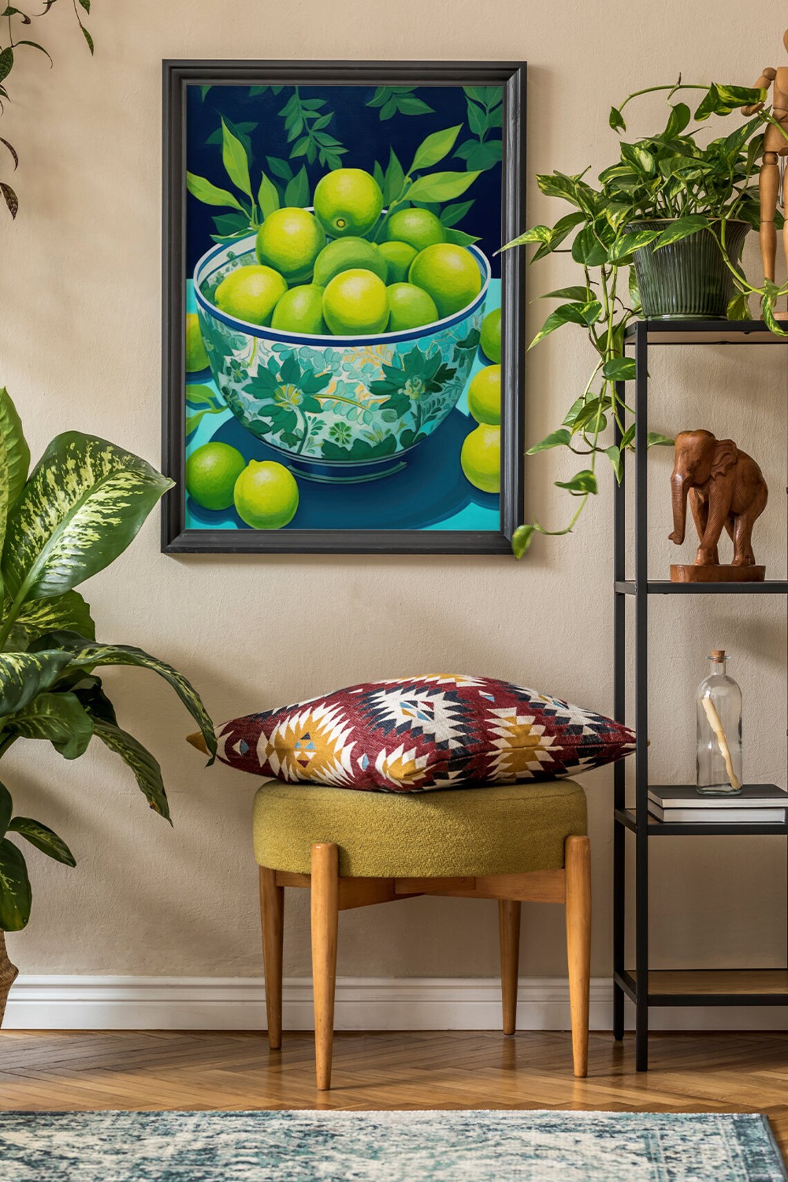 Fresh Green Limes in a Floral Ceramic Bowl Vibrant Still Life Poster - Image 3