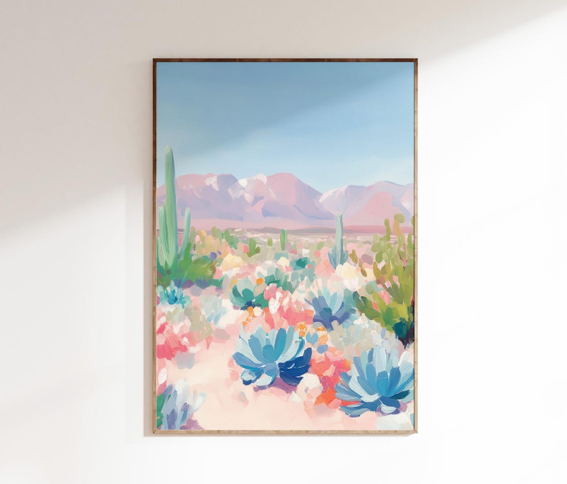 Pastel Desert Cactus Landscape Pink Mountains Boho Agave Scene Poster