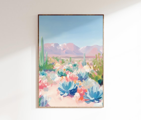 Pastel Desert Cactus Landscape Pink Mountains Boho Agave Scene Poster