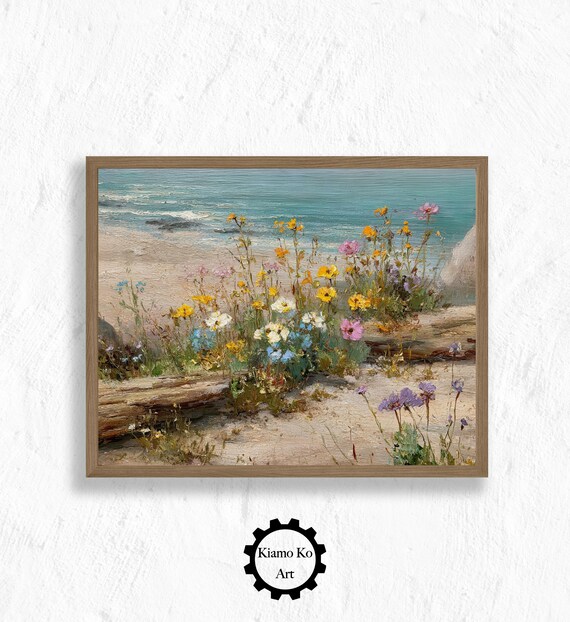 Wildflowers On Beach By Turquoise Sea Coastal Floral Art Poster