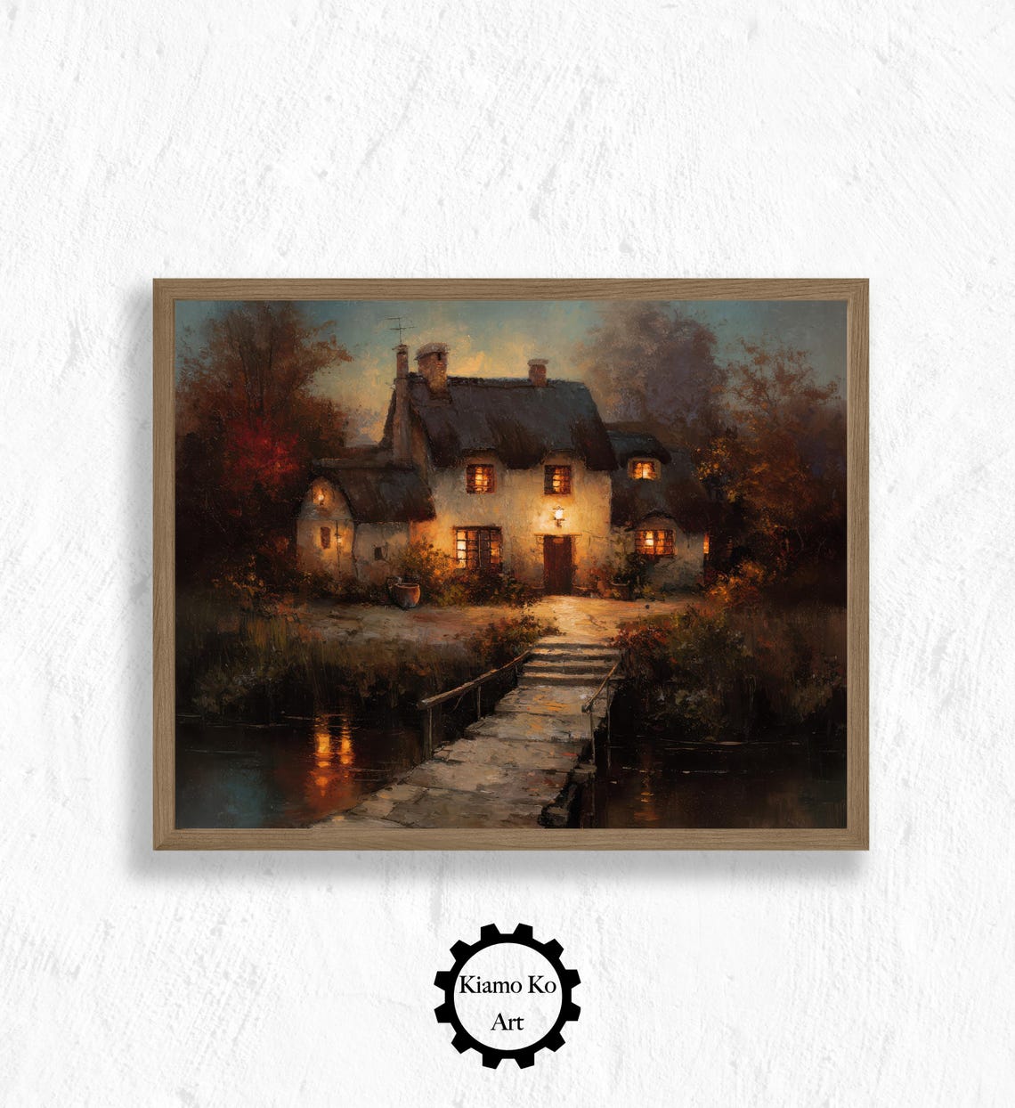 Thatched Cottage at Night with Lit Windows and a Stone Path Poster