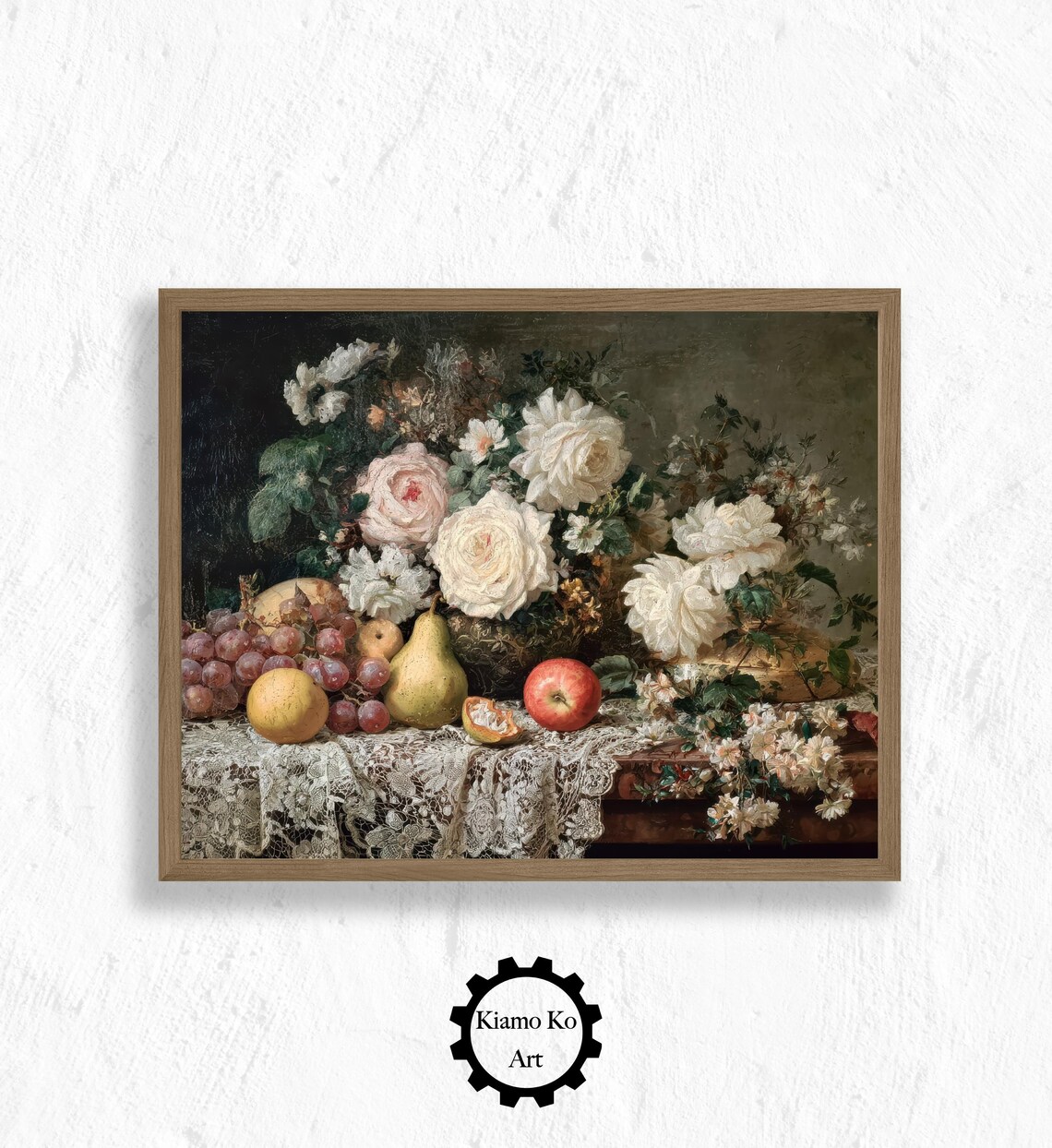 Vintage Floral Still Life, Rustic Fruit Art Print