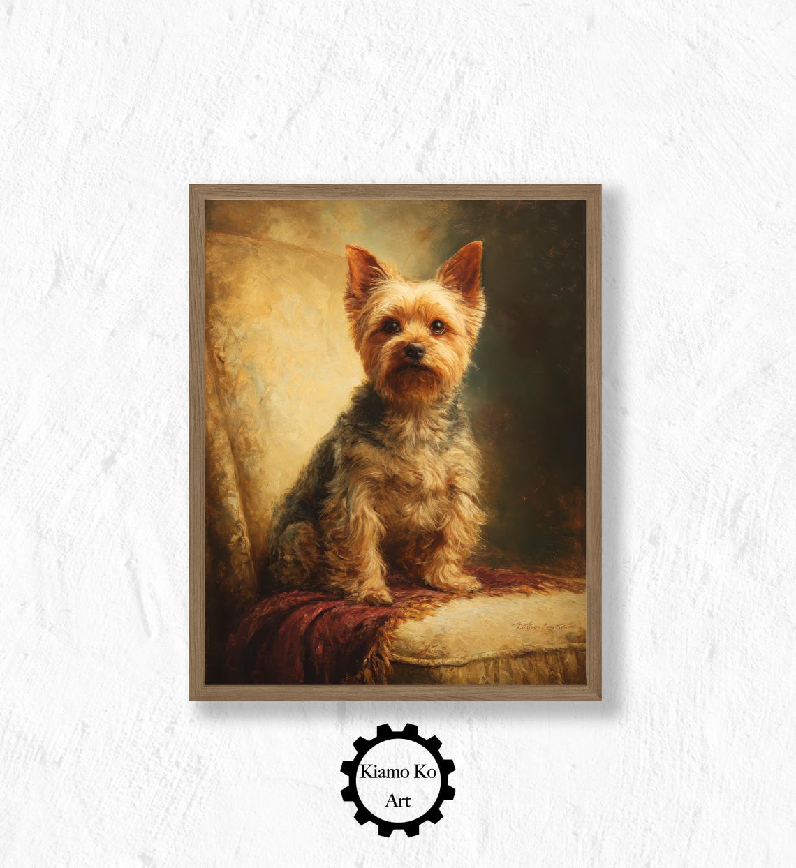 Yorkshire Terrier Portrait on a Chair With a Red Throw Poster