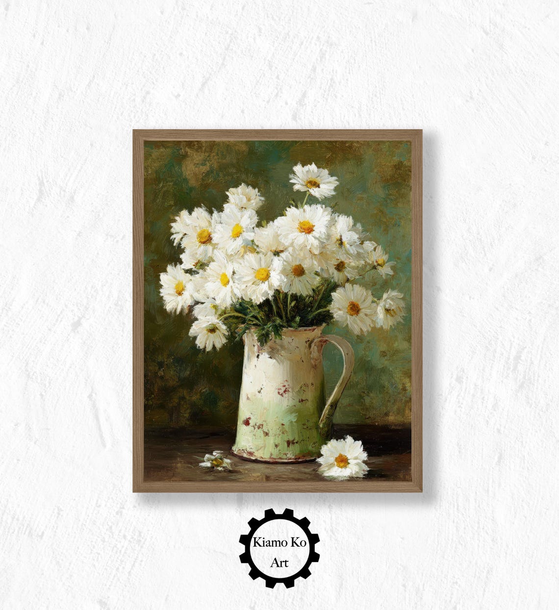 White Daisies in a Chipped Enamel Jug Rustic Floral Still Life Poster