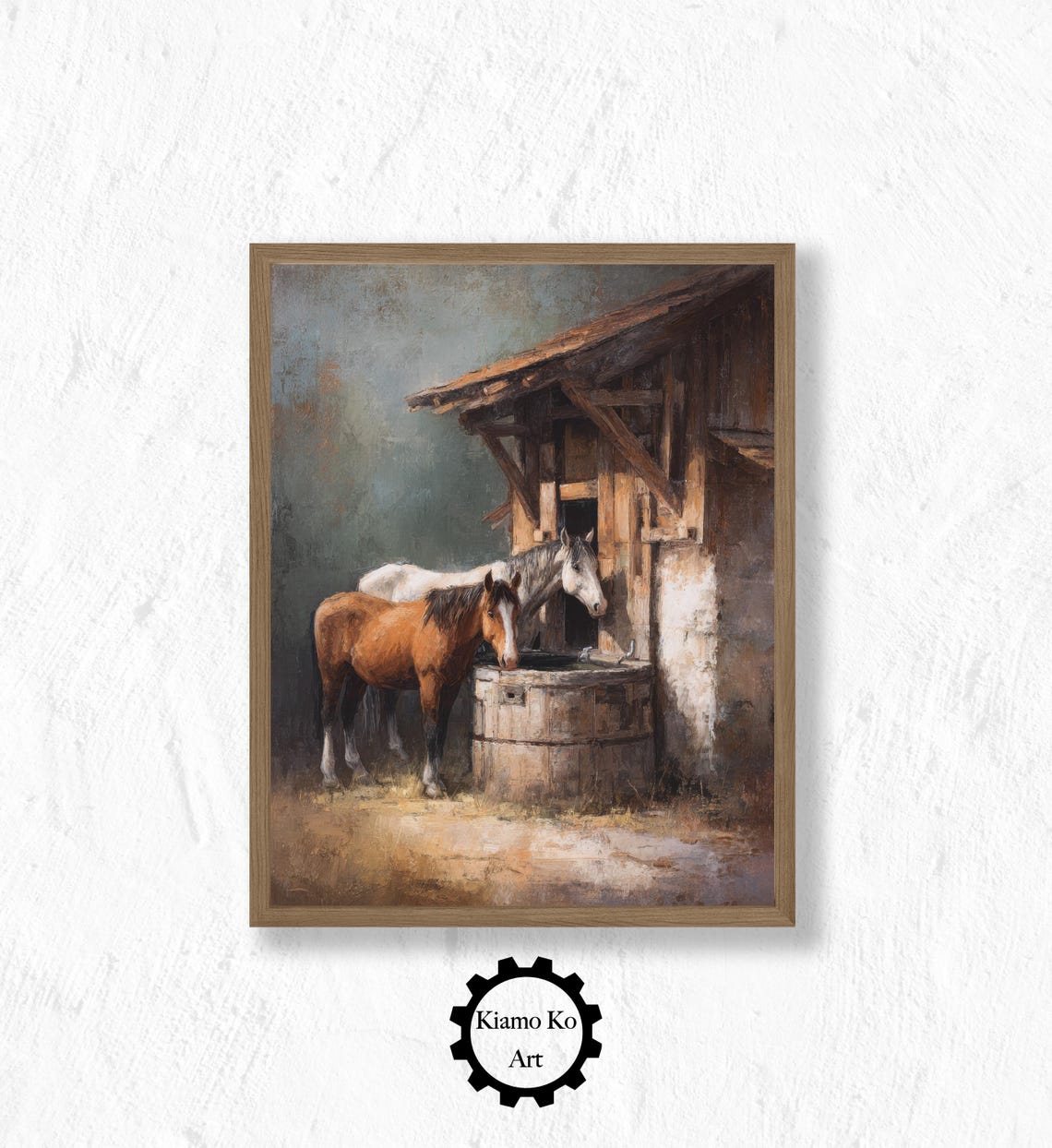 Two Horses Drinking At A Wooden Trough Beside A Rustic Barn Poster