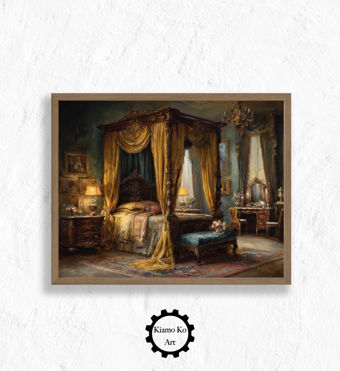 Cozy Bedroom Retreat With Fireplace and Classic Framed Art Poster