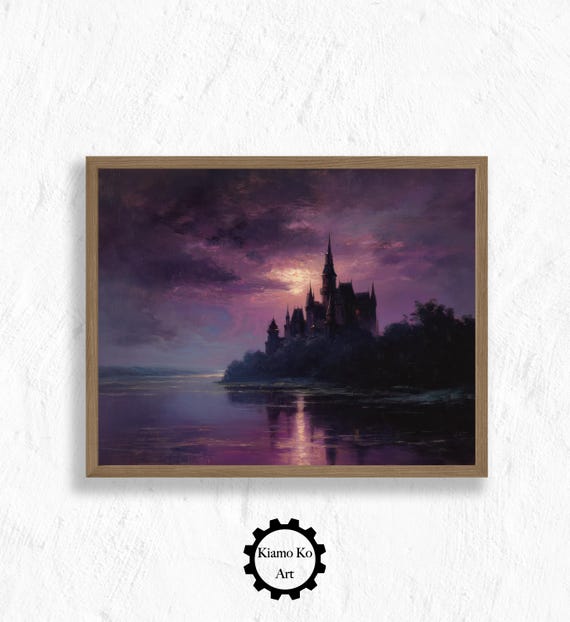 Castle Reflection At Sunset Serene Lake Landscape Art Home Decor Nature Wall Vintage