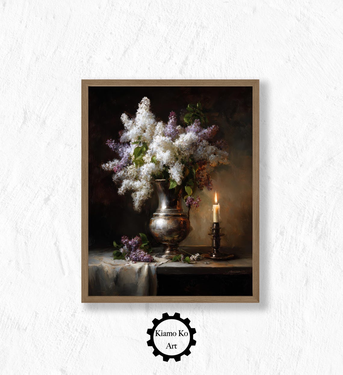 Lilac Bouquet in Silver Urn with Lit Candle Moody Still Life Poster
