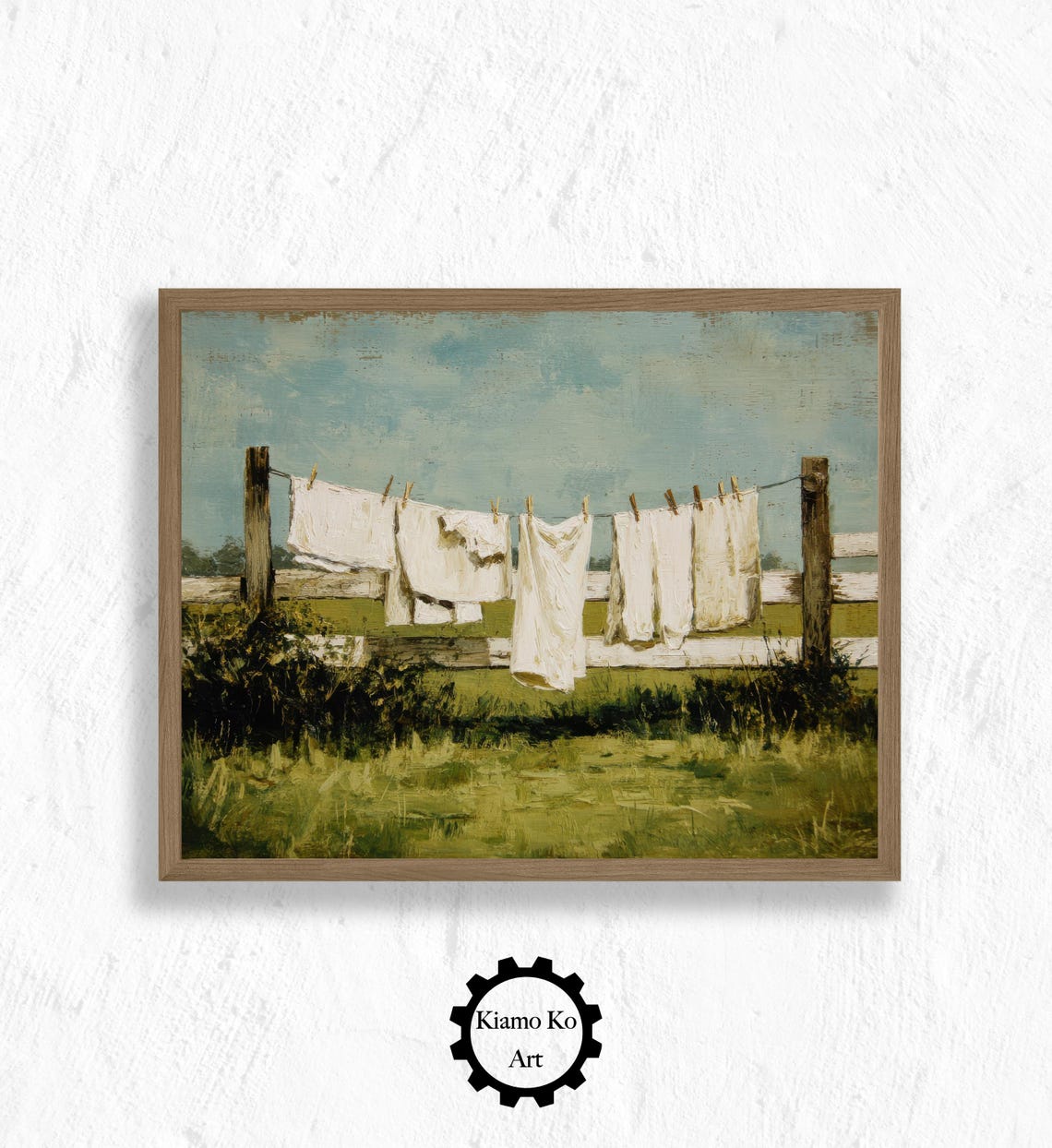 White Laundry Drying on a Farm Fence Line Vintage Countryside Poster